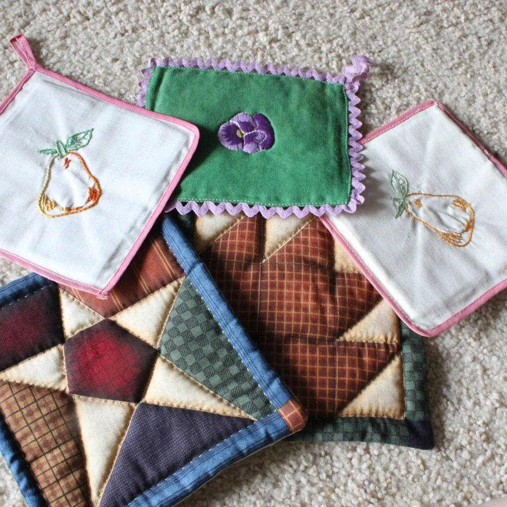 Handmade Potholders Coasters Vintage Embroidered Quilted Set 5 Multicolor OS